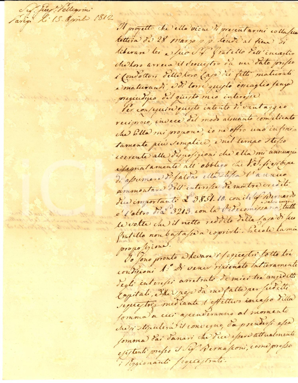 Manoscritto, lettera originale 1812 GENOVA Giuseppe PELLEGRINI leva sequestri su fitti ai marchesi ADORNO 1
