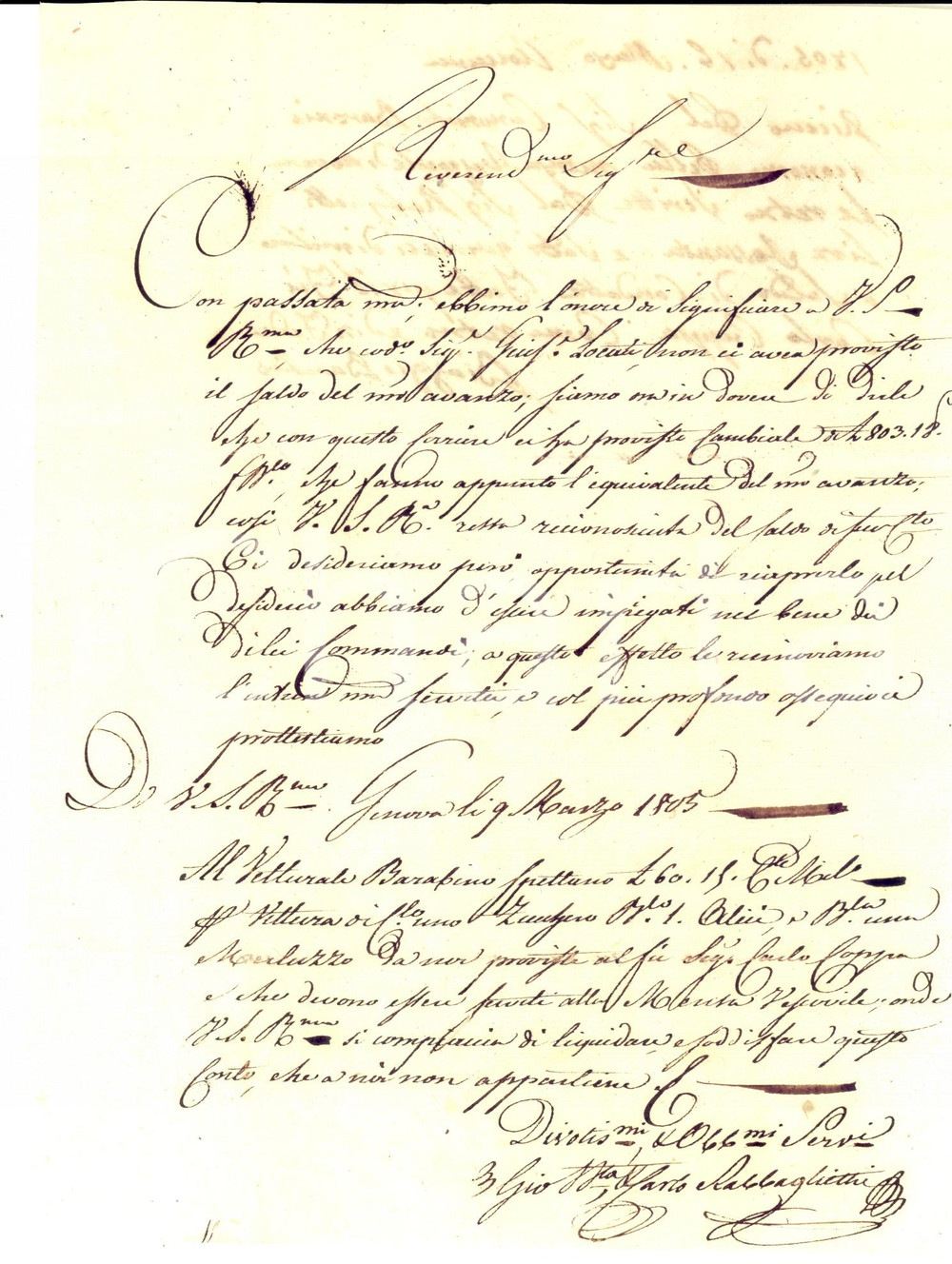 Manoscritto, lettera originale 1805 NOVARA Carlo RABBAGLIETTI fornisce zucchero e merluzzo alla Mensa vescovile 1