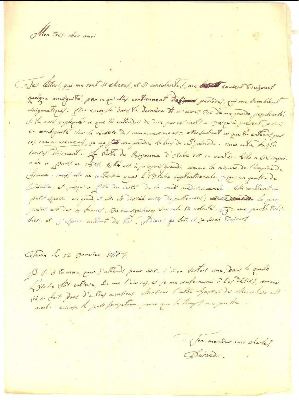 Documento originale, autentico 1807 TORINO Banchiere Carlo DURANDO vende mappa del Regno d Italia AUTOGRAFO 1