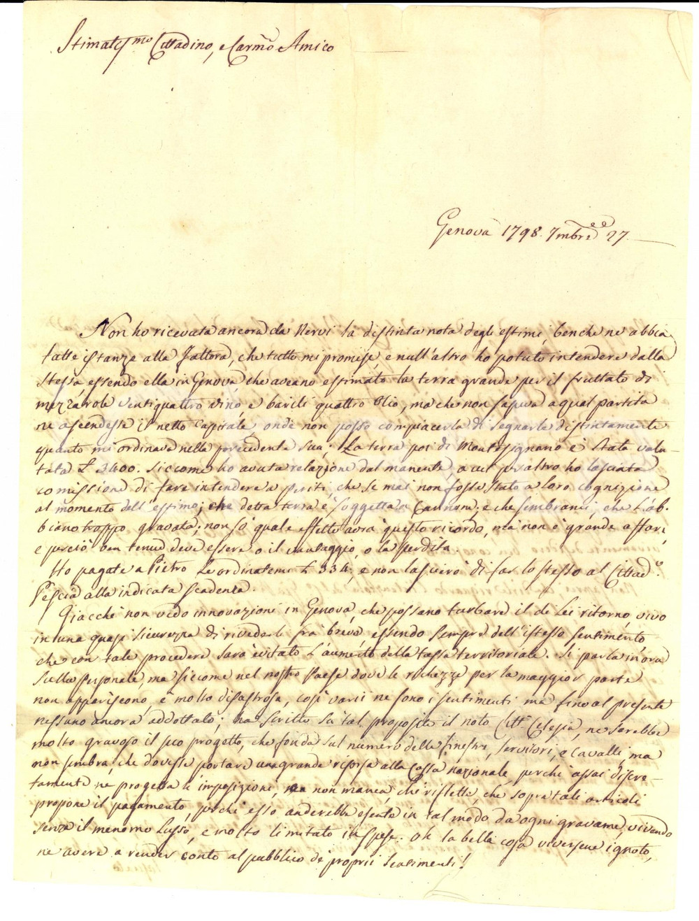 Documento originale, autentico 1798 GENOVA Nel nostro Paese le ricchezze non appariscono Alessandro SOLARI 1