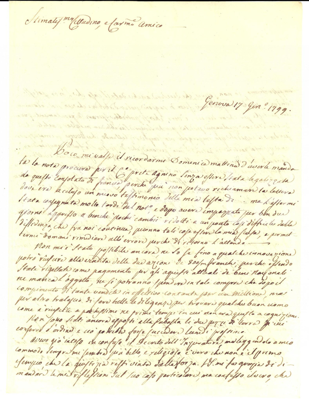 Documento originale, autentico 1799 GENOVA Affari Alessandro SOLARI con marchese Giovanni Francesco GROPALLO 1