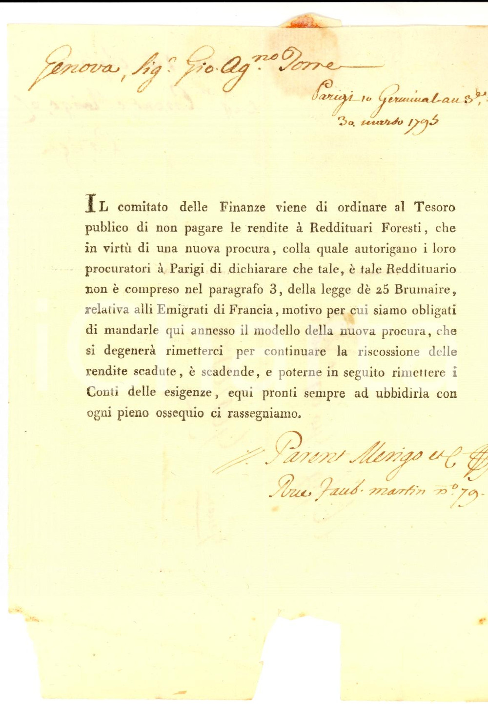 Documento originale, autentico 1795 PARIS PARENT, MERIGO & Cie su rendite di Giovanni Agostino TORRE forestiero 1