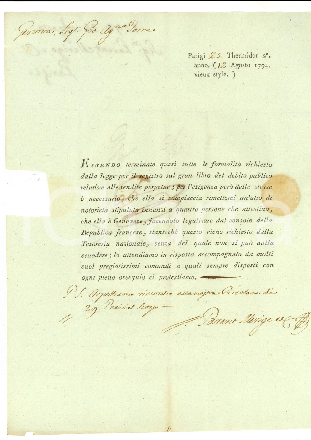 Documento originale, autentico 1794 PARIS Giovanni Agostino TORRE Genovese da legalizzare dal Console 1