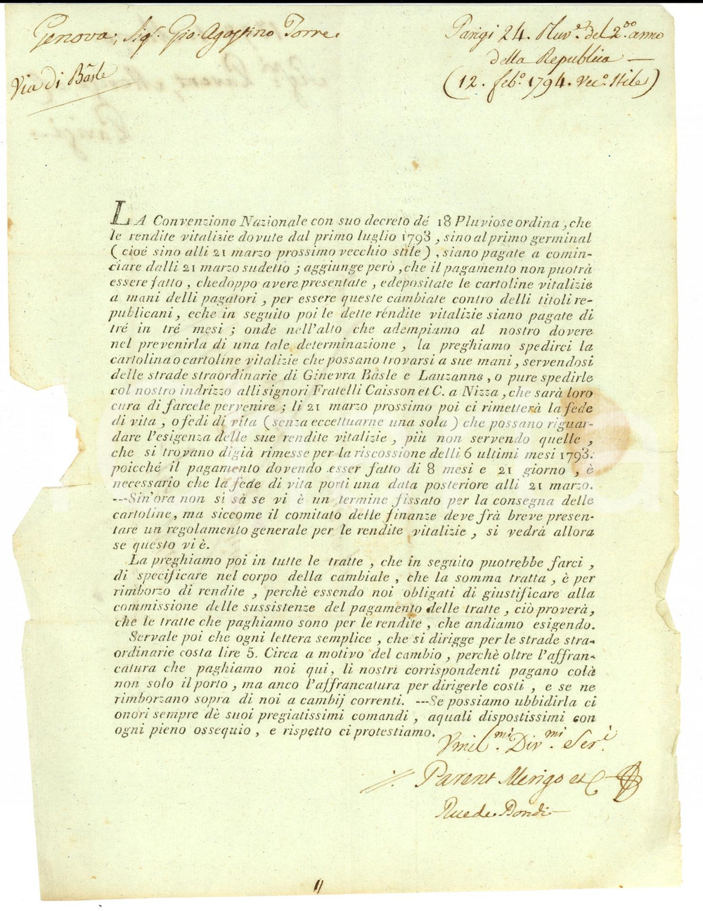 Documento originale, autentico 1794 PARIS PARENT, MERIGO E Cie pagano rendite a Giovanni Agostino TORRE 1