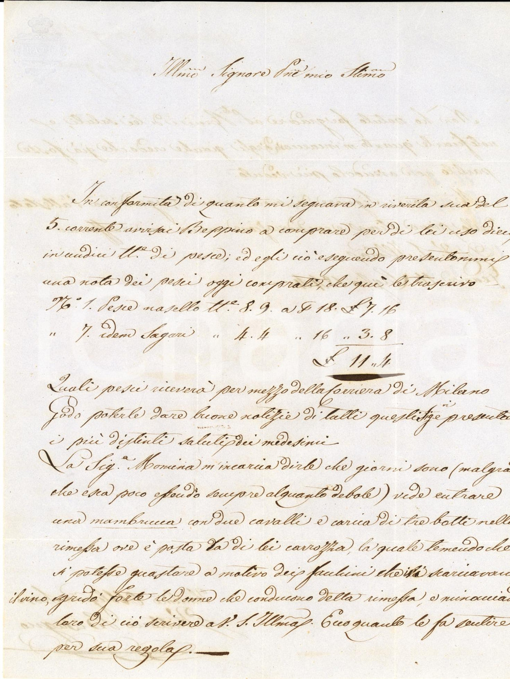 Documento originale, autentico 1844 GENOVA Vittorio BISAGNO invia pesci al marchese Pietro NEGROTTO CAMBIASO 1