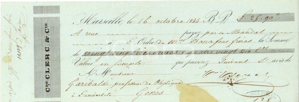 Oggetto da collezione cartaceo 1844 MARSEILLE F Assegno bancario C. DE CLERC & CIE a F.lli BONAFOUS 1
