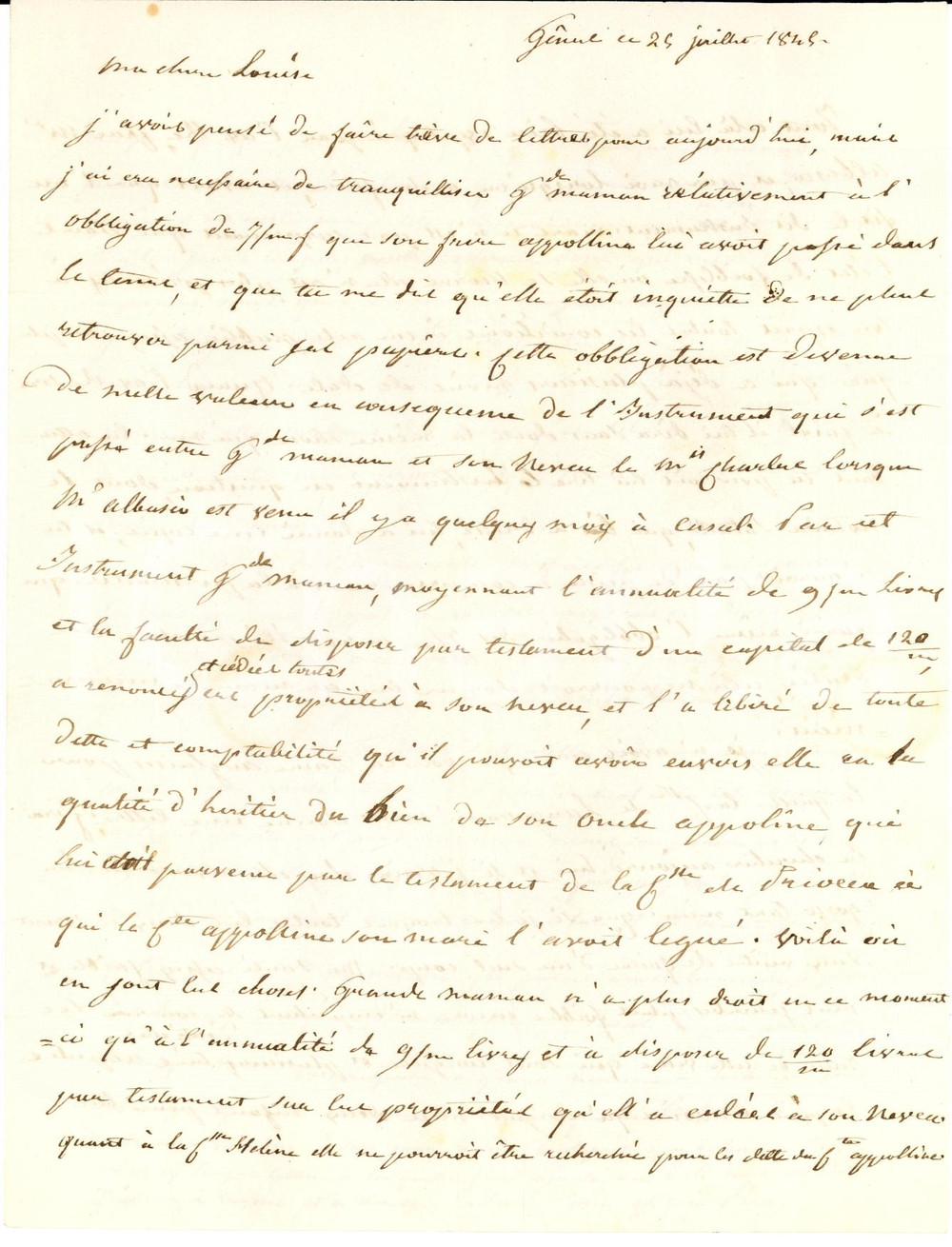 Autografo originale 1845 GENOVA Conte MONTIGLIO DI VILLANOVA alla figlia Luisa MATTONE DI BENEVELLO 1