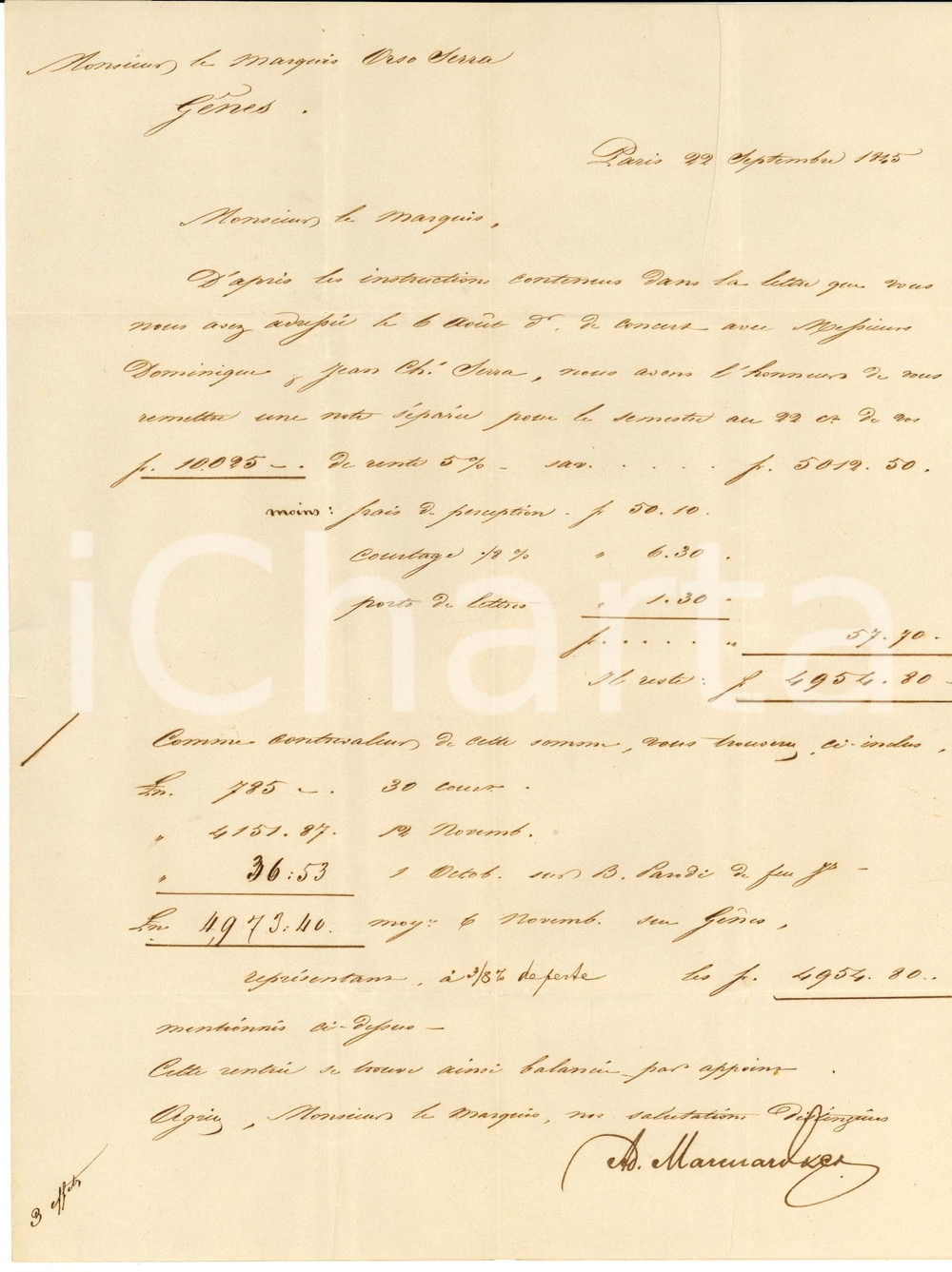 Documento originale, autentico 1845 PARIS Banchieri AD. MARCUARD & CIE sulle rendite del marchese Orso SERRA 1