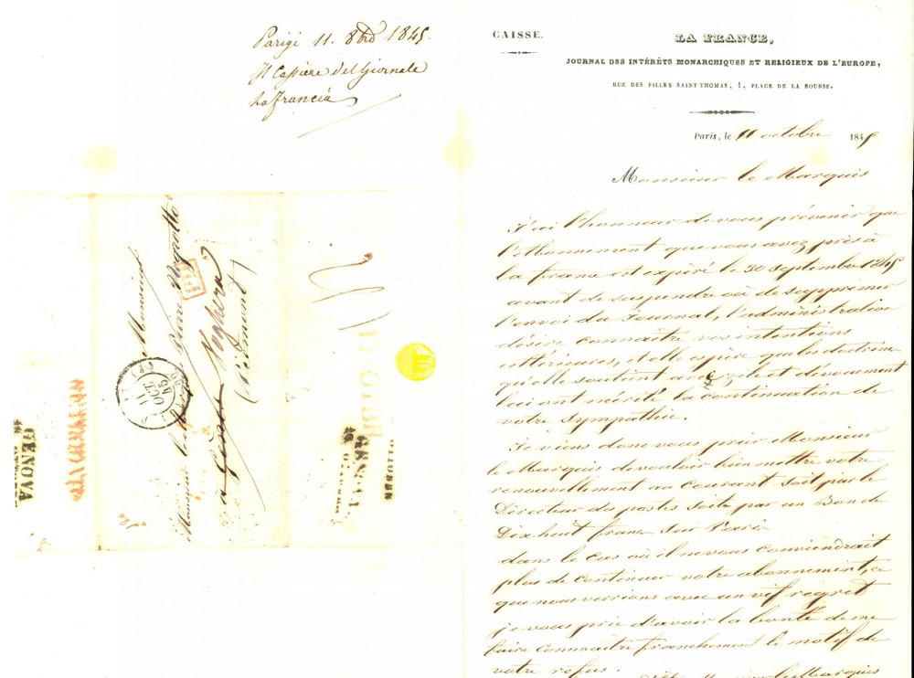 Documento originale, autentico 1845 PARIS Journal LA FRANCE su rinnovo abbonamento a Pietro NEGROTTO CAMBIASO 1