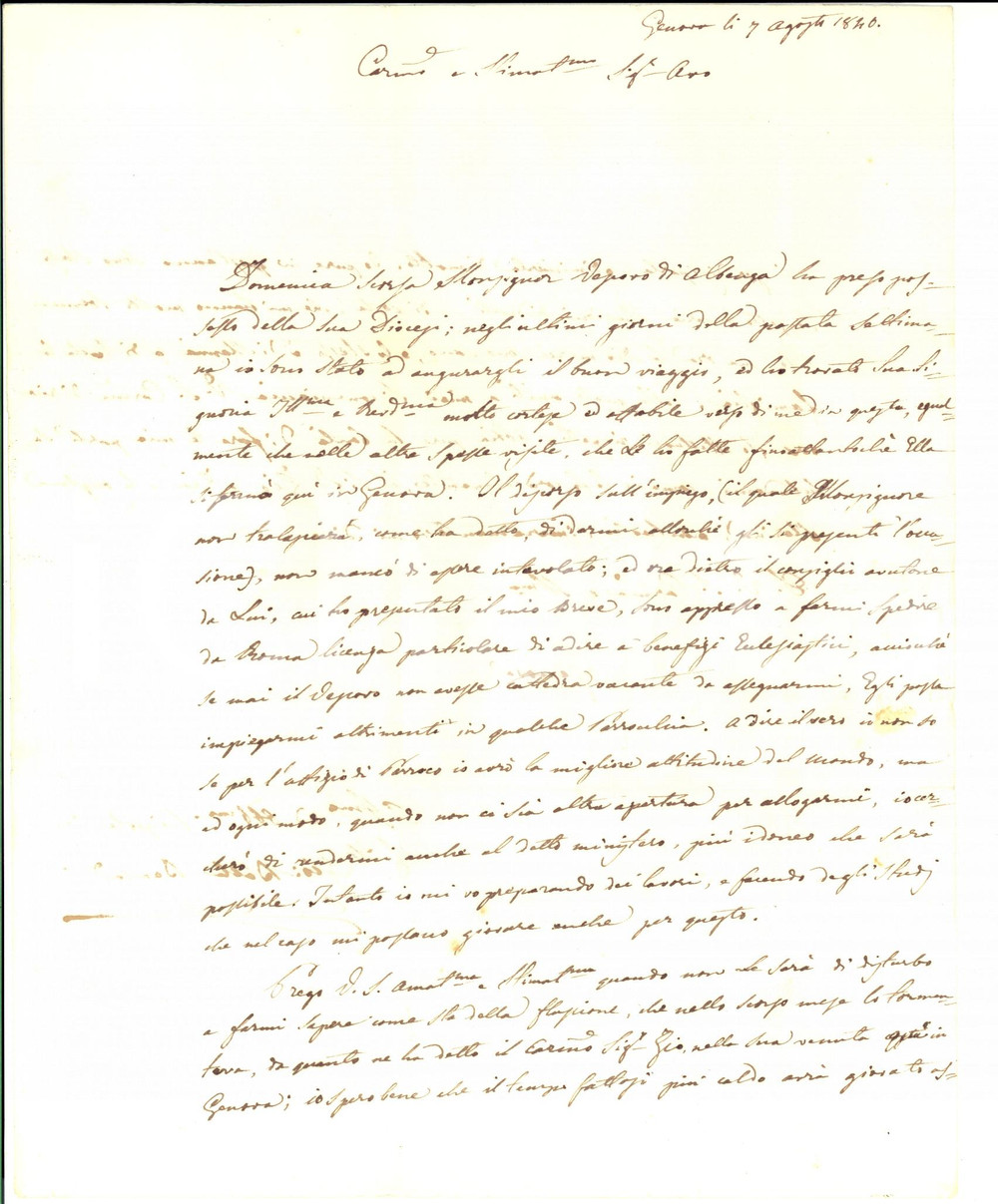 Documento originale, autentico 1840 GENOVA Giovanni Battista BENSO cerca beneficio ecclesiastico dal Vescovo 1
