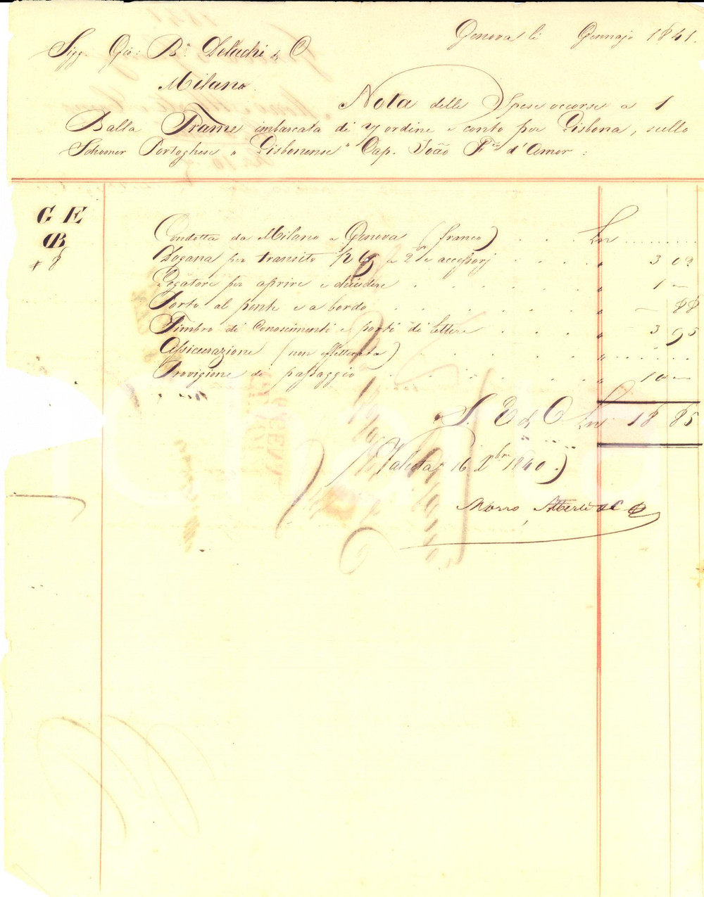 Documento originale, autentico 1841 GENOVA Ditta MORRO ALBERTI trasporta stoffa per Giovanni Battista DELACHI 1