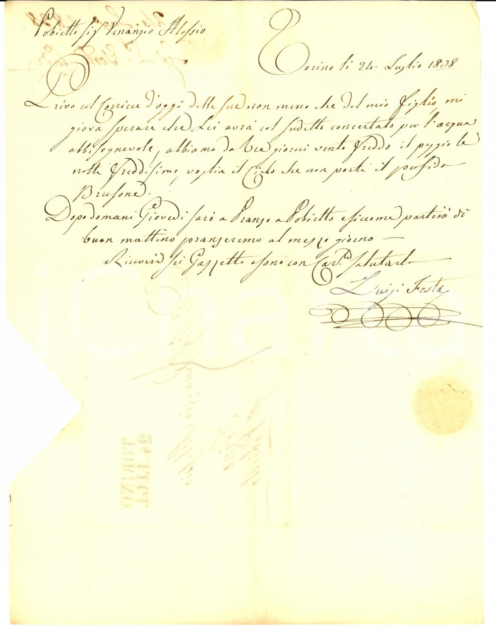 Documento originale, autentico 1838 TRINO VC Luigi FESTA spera che il brusone non rovini il riso Lettera 1