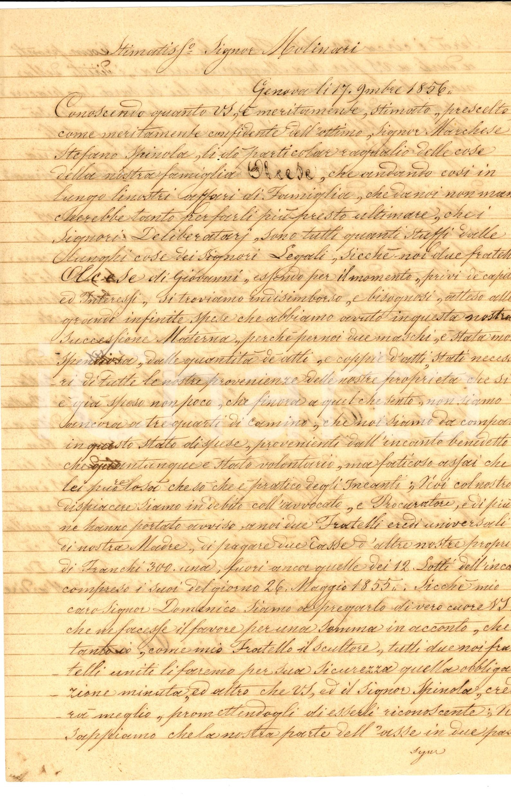 Documento originale, autentico 1856 GENOVA Luigi OLCESE in miseria supplica patrizio Stefano SPINOLA Lettera 1