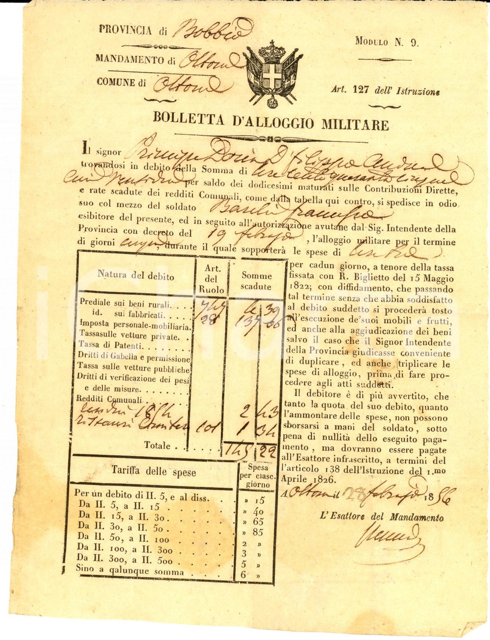 Documento originale, autentico 1856 OTTONE BOBBIO PC Principe Filippo DORIA Bolletta d alloggio militare 1