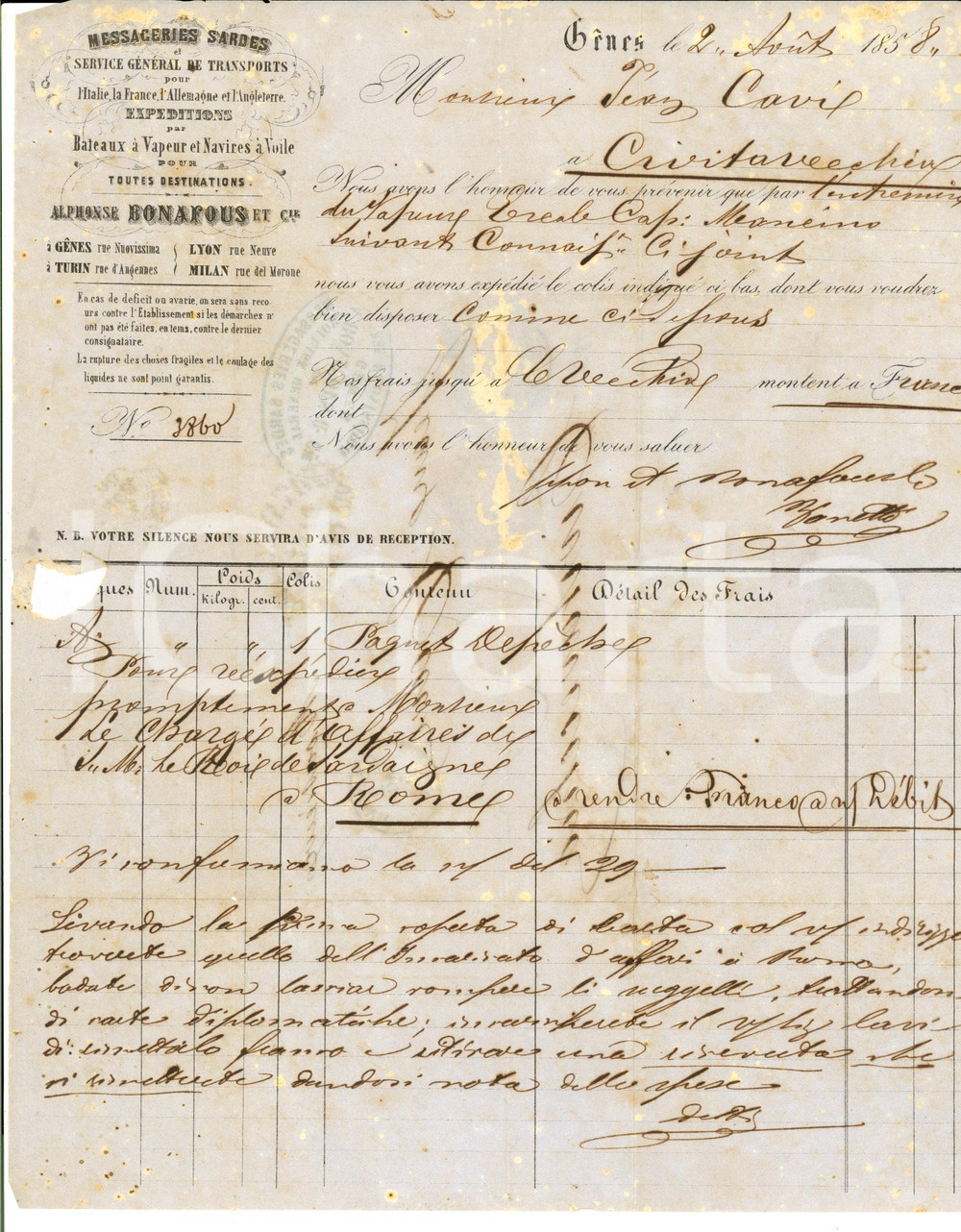 Documento originale, autentico 1858 GENOVA MESSAGGERIE SARDE inviano pacco su vaporetto ERCOLE a Giovanni CAVI 1