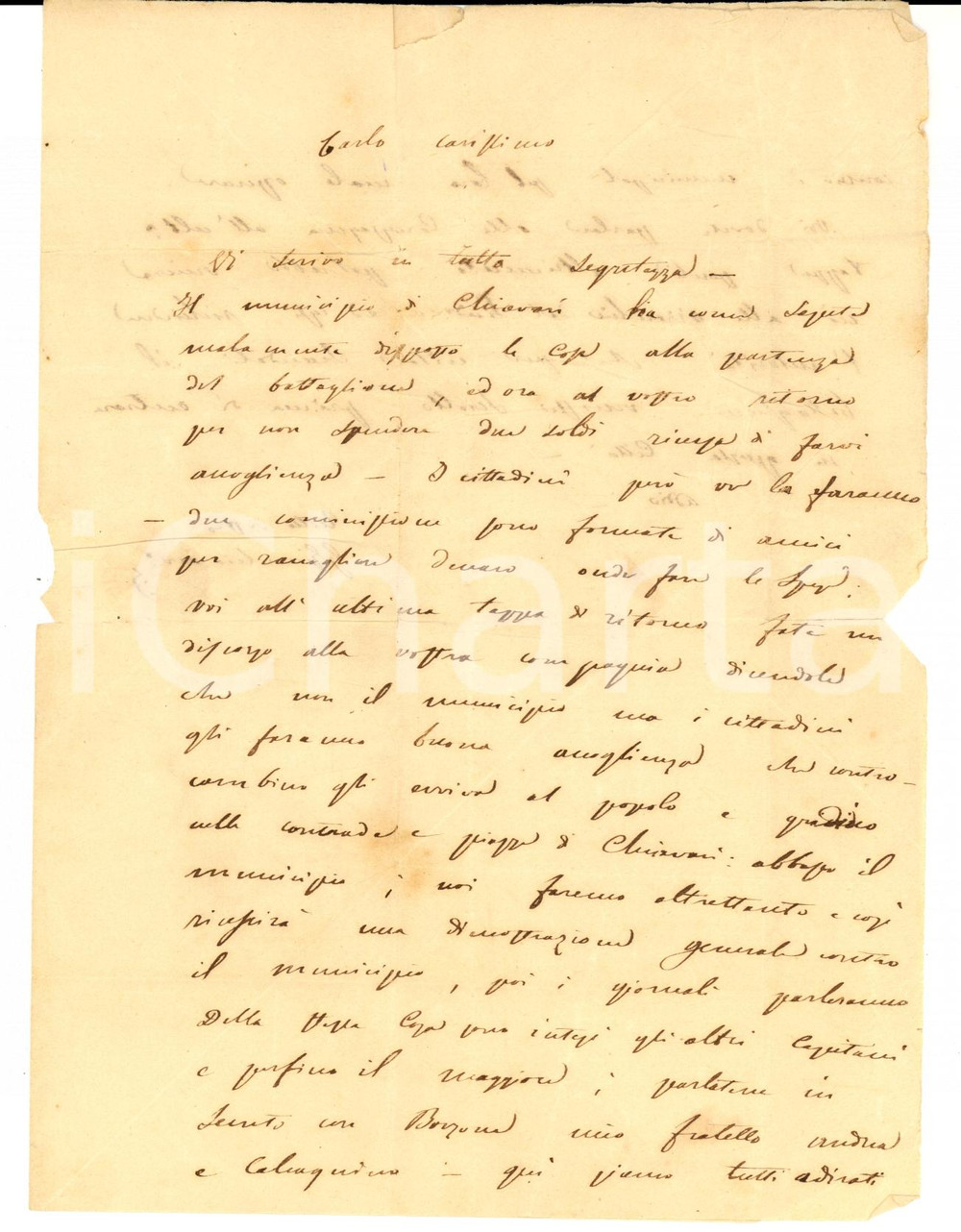 Manoscritto, lettera originale 1862 CHIAVARI Cap. Carlo MARRE  accolto dai cittadini contro il Comune avaro 1