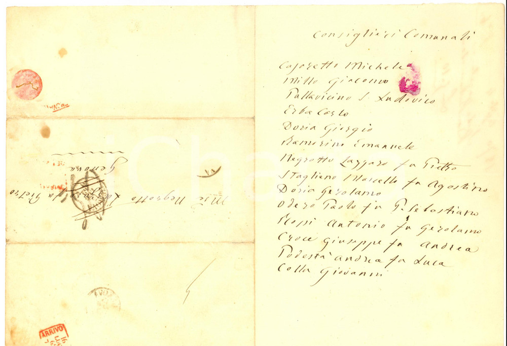 Documento originale, autentico 1862 GENOVA Elenco consiglieri comunali a Lazzaro NEGROTTO CAMBIASO Lettera 1