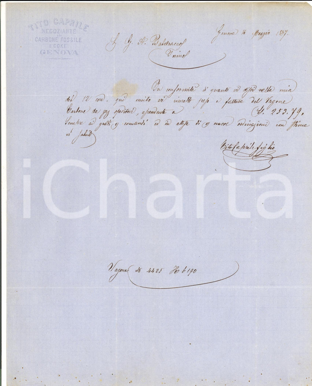 Documento originale, autentico 1867 GENOVA Tito CAPRILE negoziante di carbone fossile e coke Prefilatelica 1