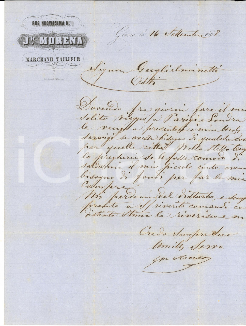 Manoscritto, lettera originale 1868 GENOVA Sarto Giuseppe MORENA chiede saldo a birraio GUGLIELMINETTI 1