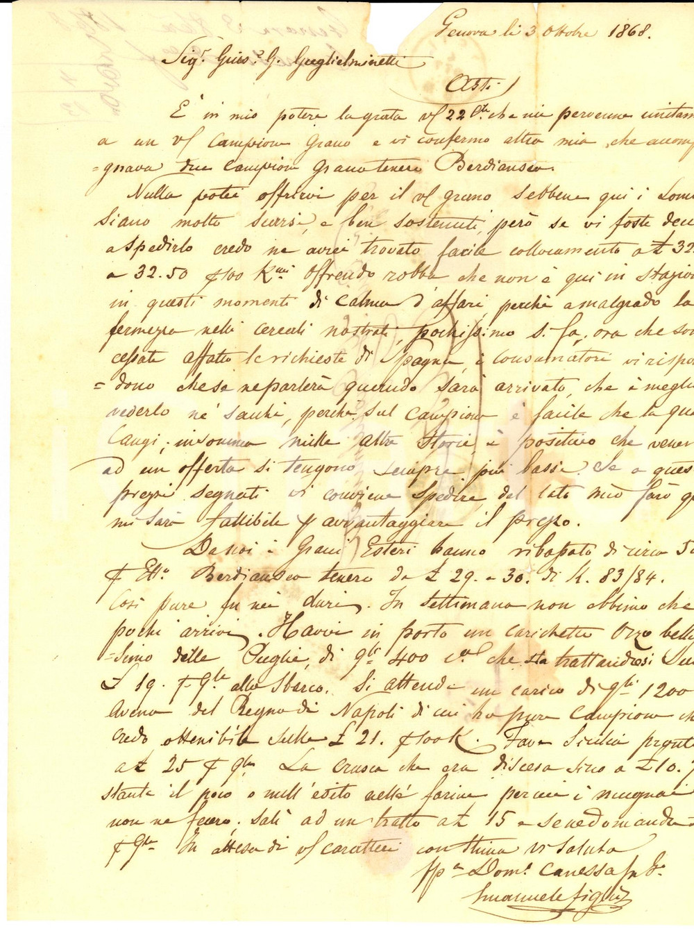 Manoscritto, lettera originale 1868 GENOVA Domenico CANESSA non acquista grano in momenti di calma d affari 1