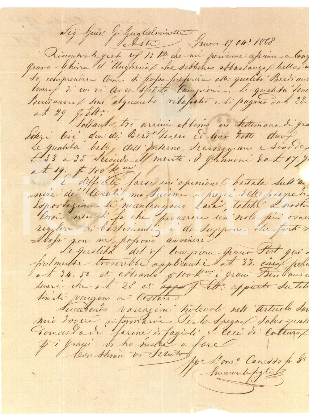 Manoscritto, lettera originale 1868 GENOVA Mercante Domenico CANESSA non apprezza grani ungheresi Lettera 1