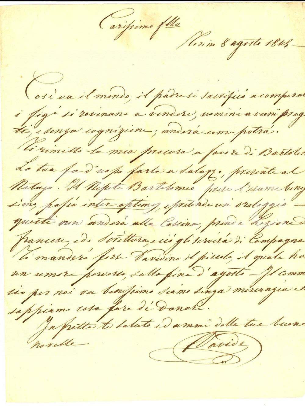 Documento originale, autentico 1845 TORINO Davide GARNERI Il padre si sacrifica, i figli vendono tutto Lettera 1