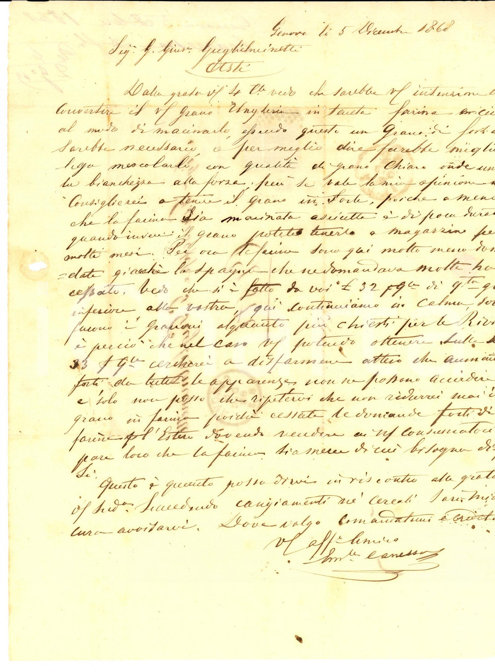Manoscritto, lettera originale 1868 GENOVA Mercante Domenico CANESSA su farina di grani diversi Lettera 1