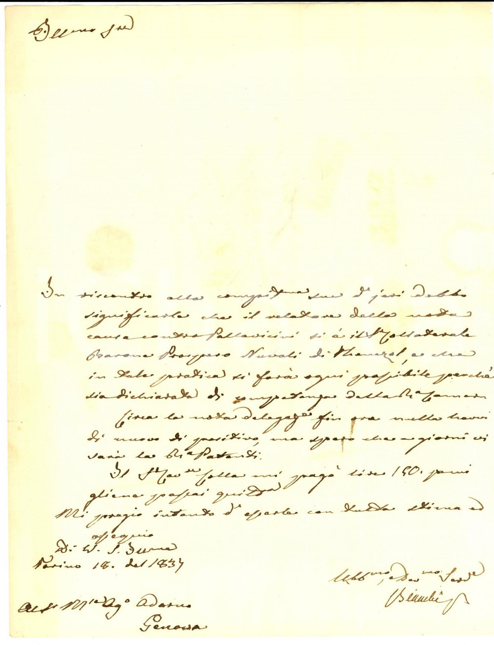 Documento originale, autentico 1837 TORINO Prospero NUVOLI di THENESOL relatore su lite ADORNO  PALLAVICINI 1