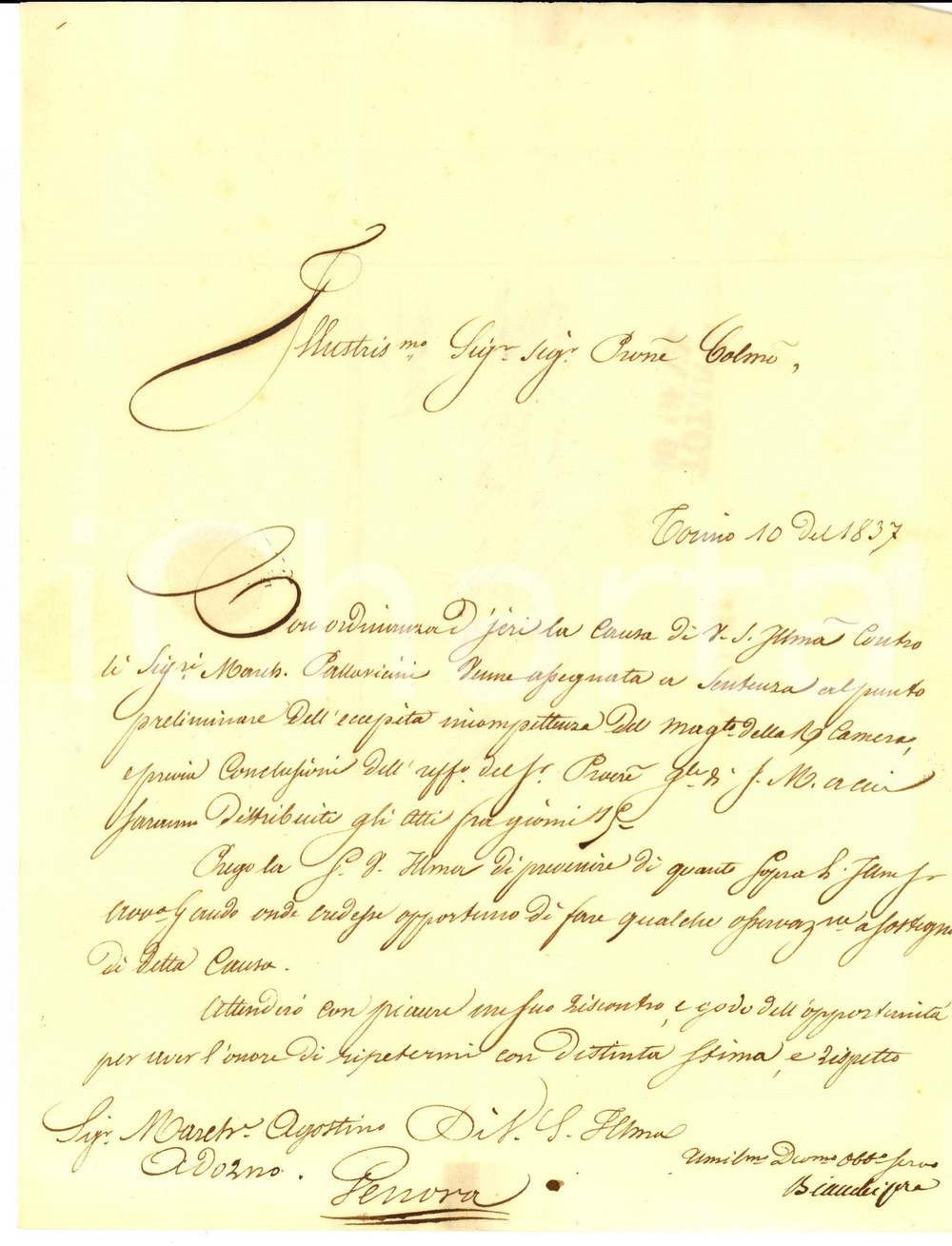 Documento originale, autentico 1837 TORINO Marchese Agostino ADORNO in lite vs marchese PALLAVICINI Lettera 1