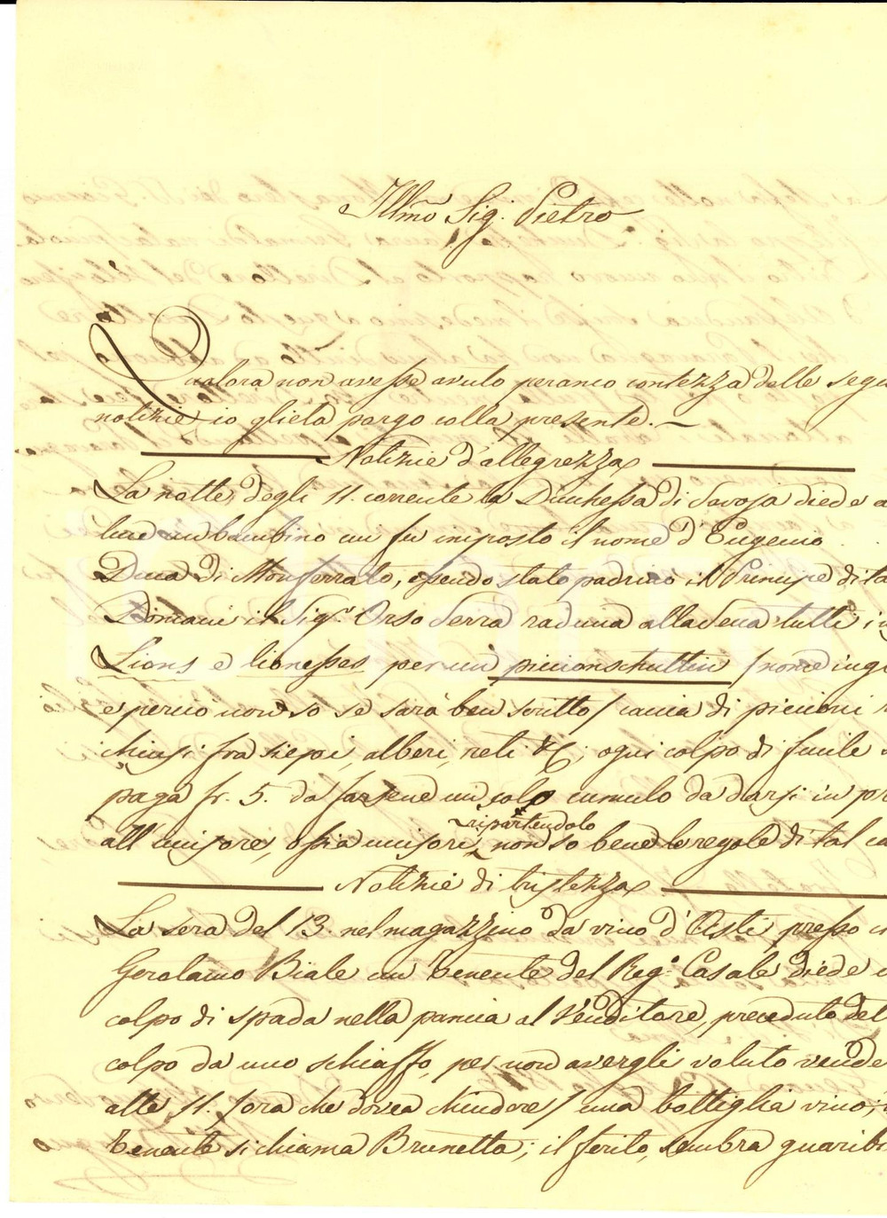 Documento originale, autentico 1846 GENOVA Tenente BRUNETTA uccide con la spada venditore di vino d Asti 1