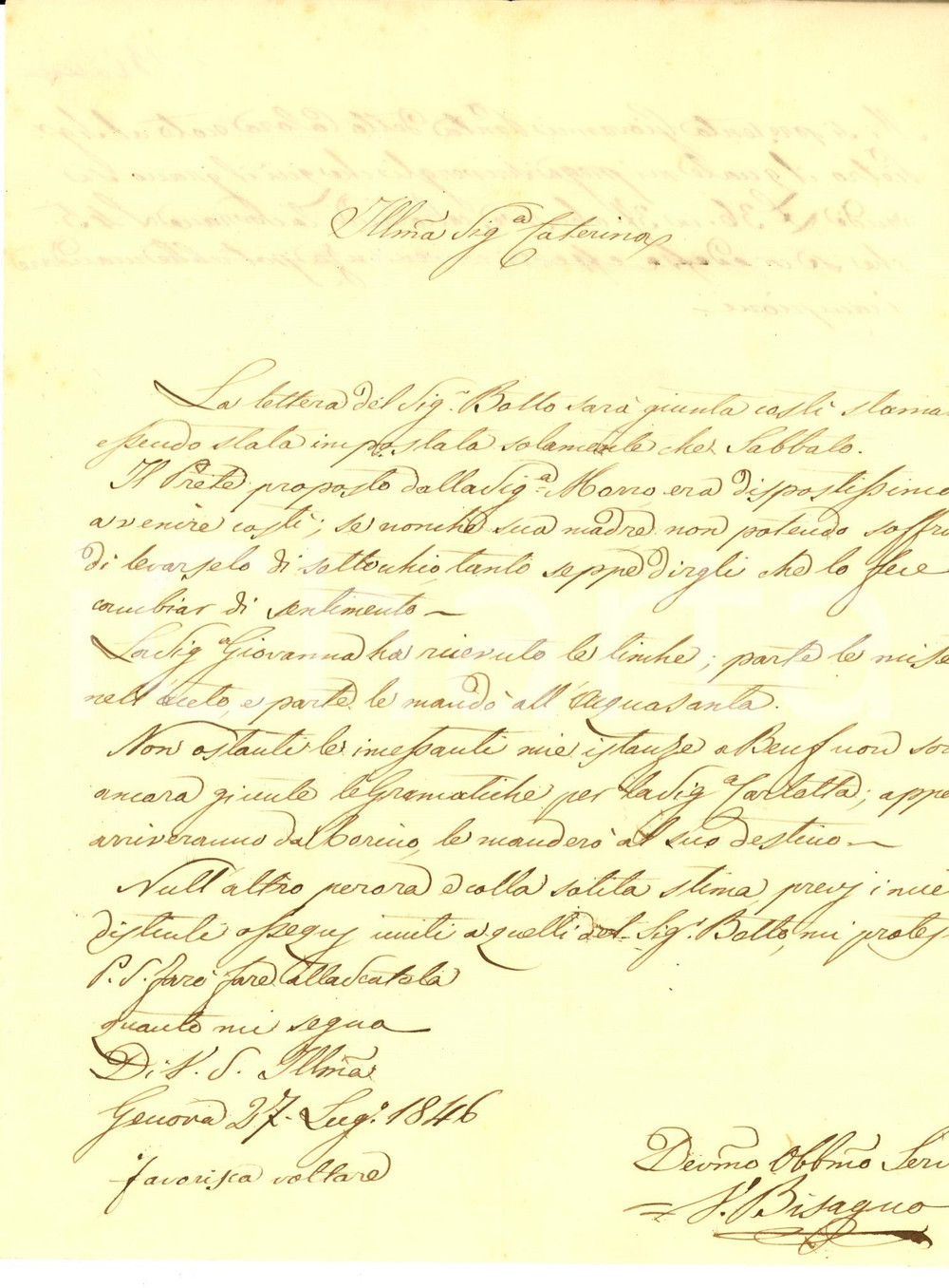 Documento originale, autentico 1846 GENOVA Vittorio BISAGNO su un prete succube della madre Prefilatelica 1