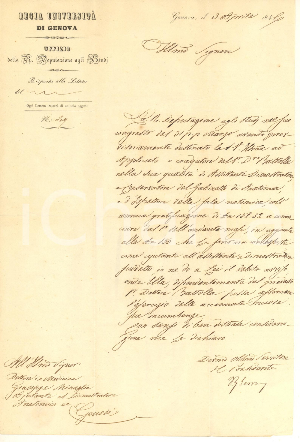 Documento originale, autentico 1846 UNIVERSITA  GENOVA Giuseppe MINAGLIA Dimostratore al Gabinetto di Anatomia 1