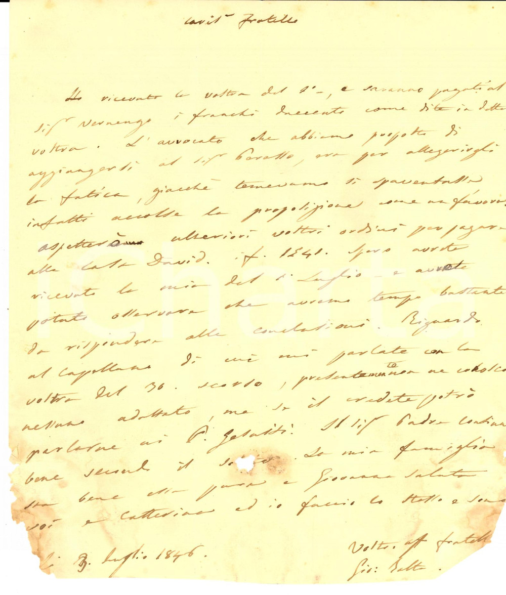 Documento originale, autentico 1846 GENOVA Giovanni Battista NEGROTTO CAMBIASO al fratello Pietro AUTOGRAFO 1