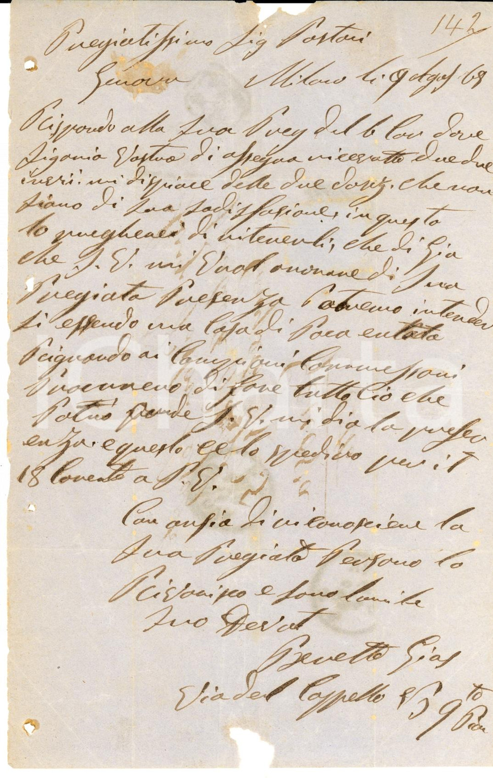 Manoscritto, lettera originale 1869 MILANO Giuseppe BERETTA si scusa con cliente Luigi PASTORI insoddisfatto 1