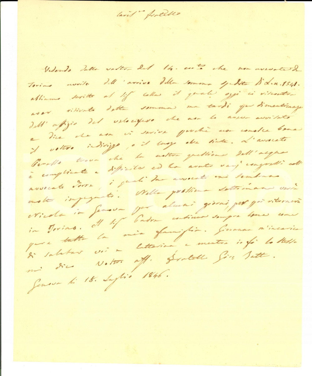 Documento originale, autentico 1846 GENOVA Giovanni Battista NEGROTTO CAMBIASO sulla questione dell acqua 1