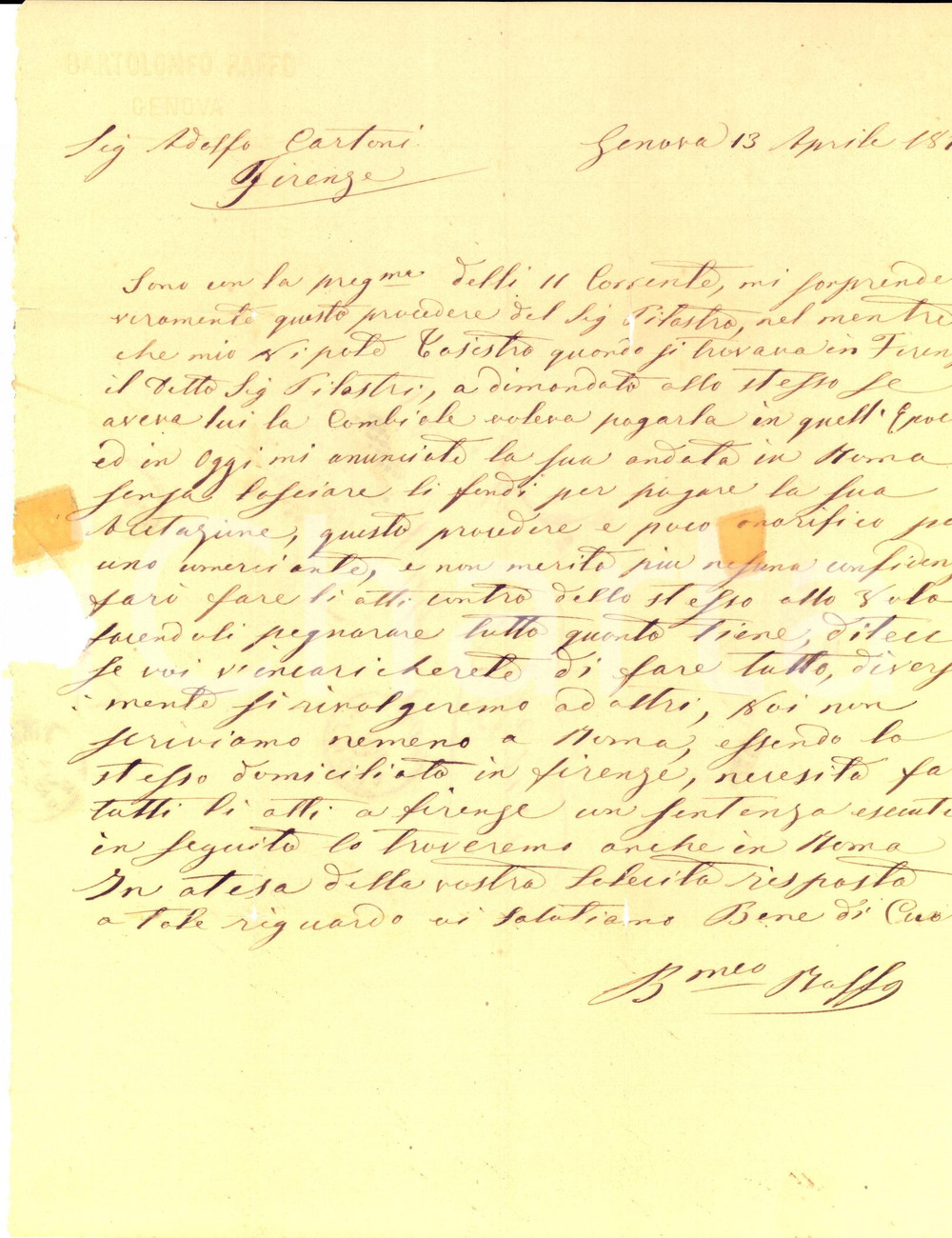 Documento originale, autentico 1872 GENOVA Bartolomeo RAFFO su mercante PILASTRI scorretto Prefilatelica 1