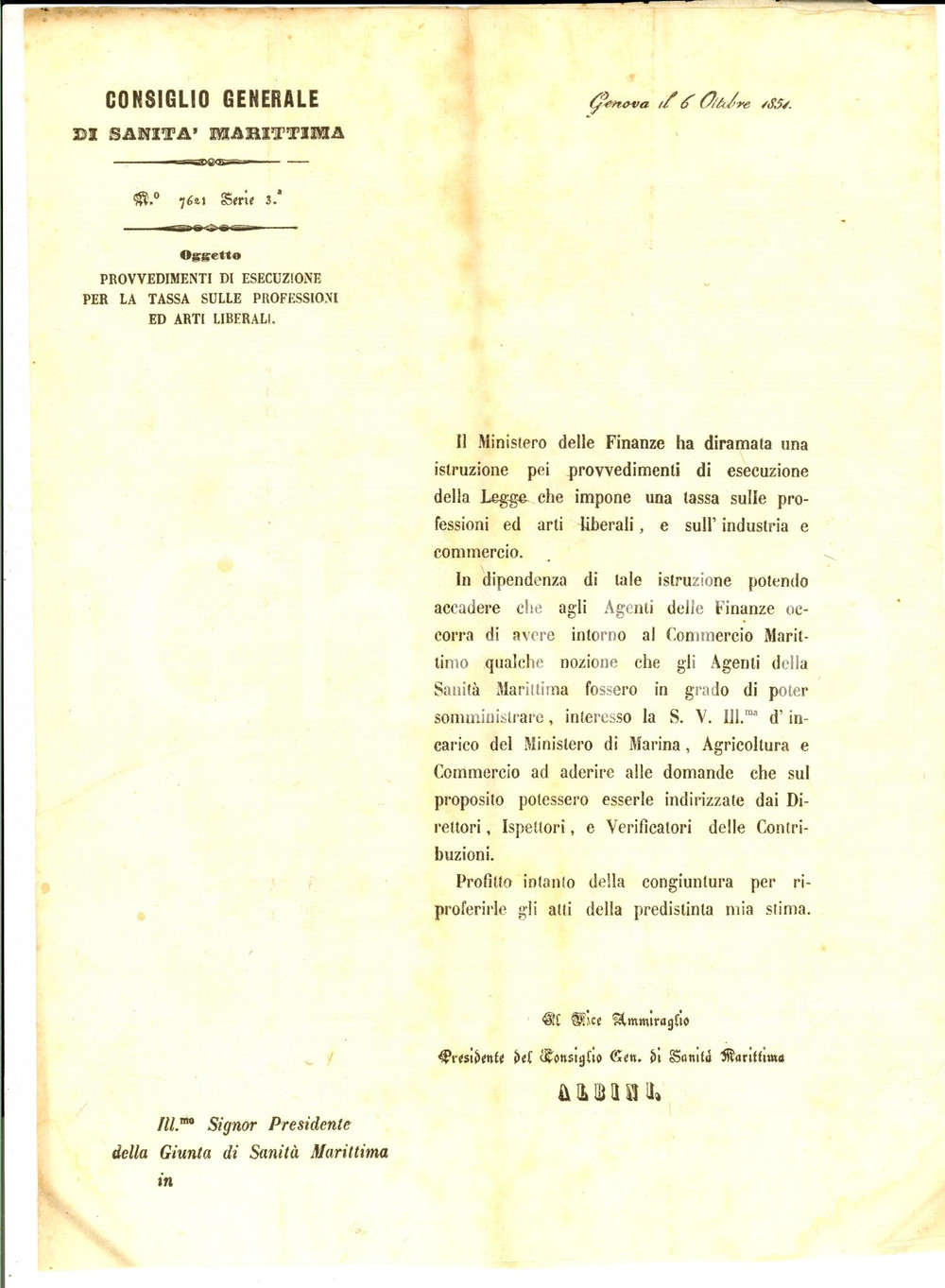 Documento originale, autentico 1851 GENOVA Consiglio Generale di SANITA  MARITTIMA sulle professioni liberali 1