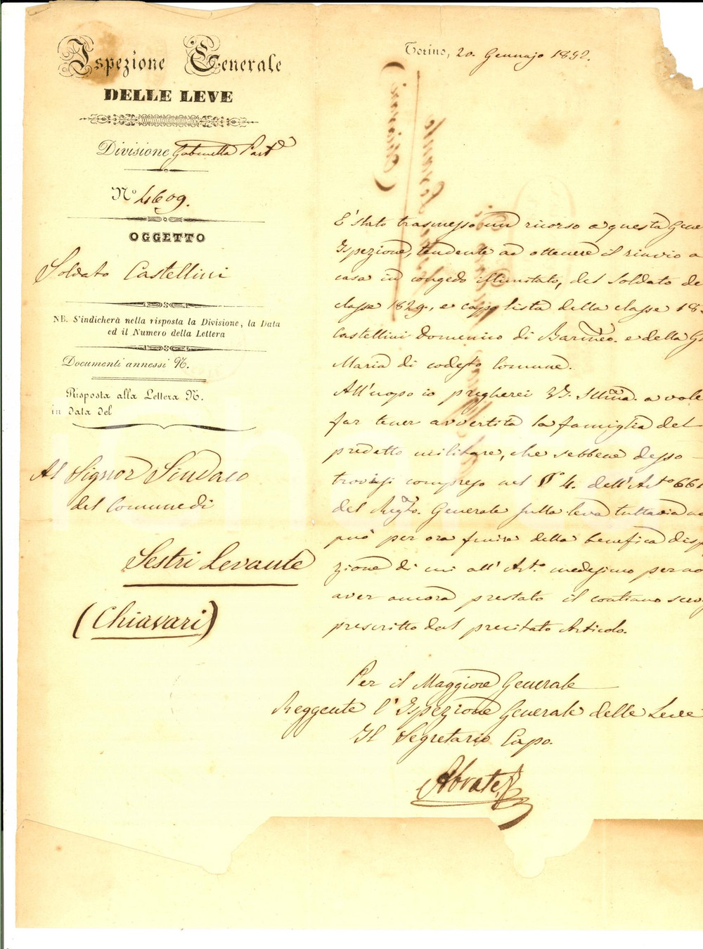 Documento originale, autentico 1852 SESTRI LEVANTE GE Domenico CASTELLINI costretto al servizio militare 1