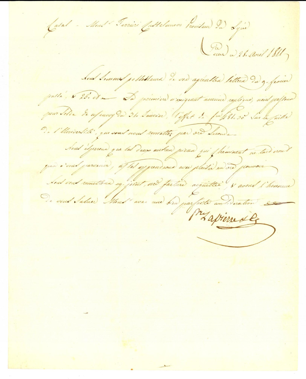 Documento originale, autentico 1811 GENOVA Ditta LAPIERRE & C. al preside FERRARI CASTELNUOVO Liceo Imperiale 1