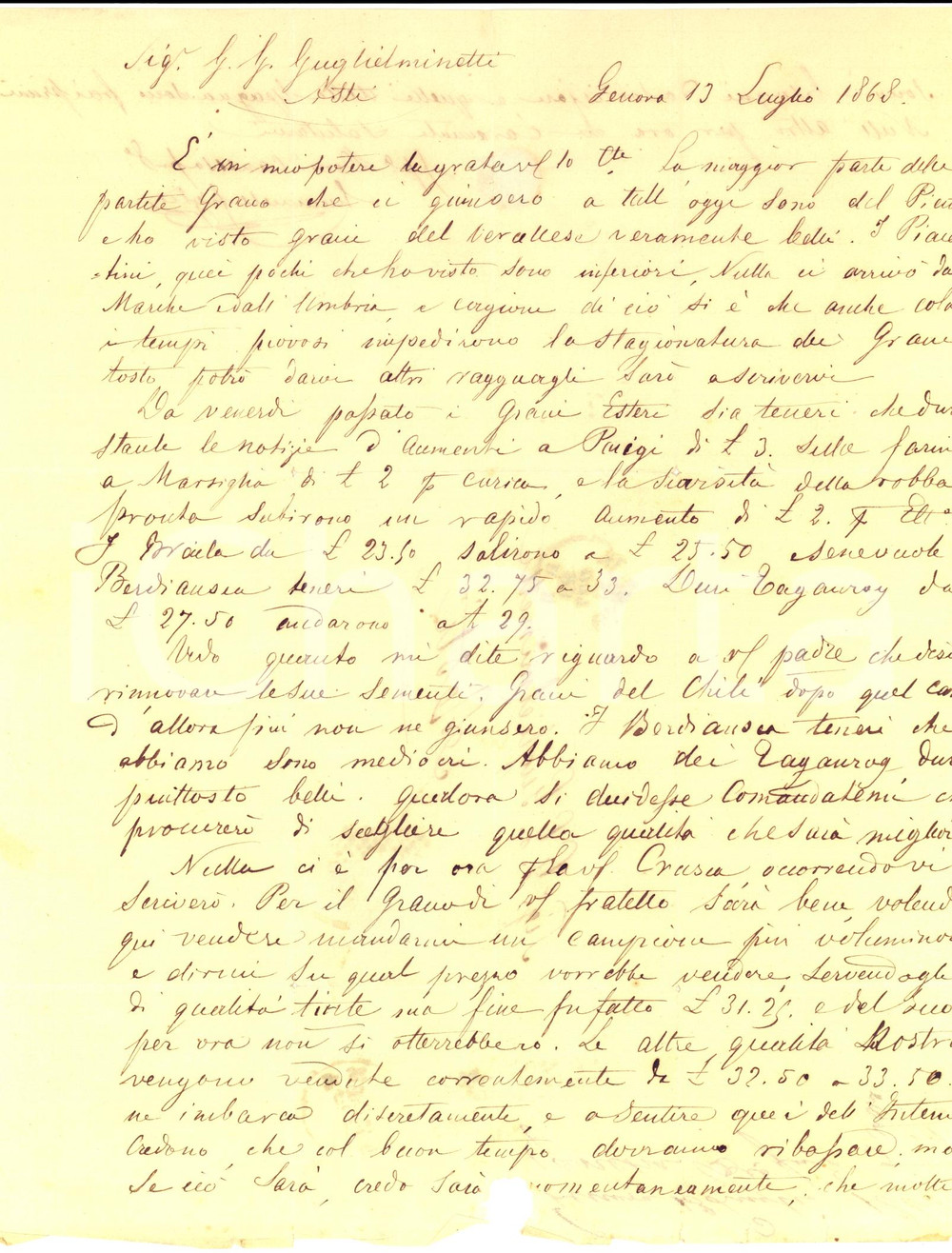 Manoscritto, lettera originale 1868 GENOVA Domenico CANESSA sul mercato del grano italiano Lettera 1