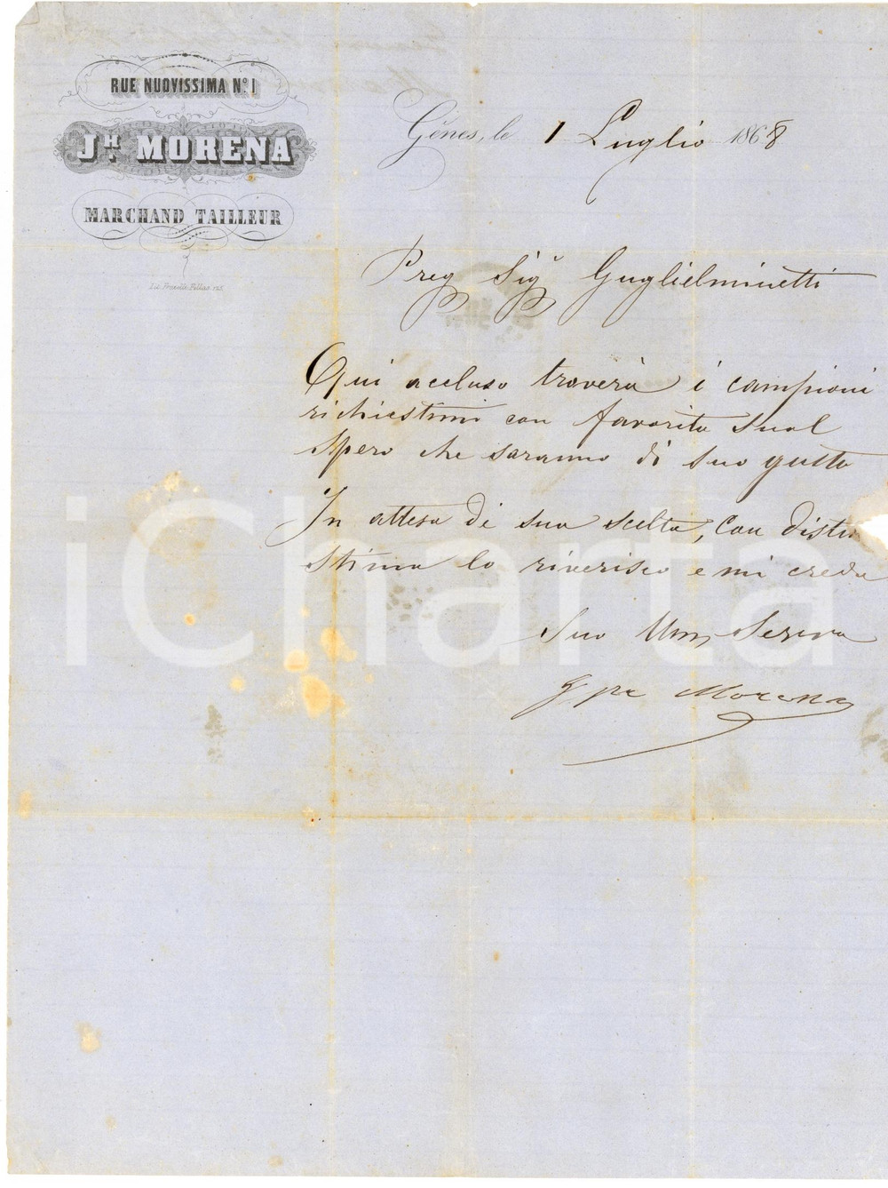 Manoscritto, lettera originale 1868 GENOVA Sarto Giuseppe MORENA invia campioni a birraio GUGLIELMINETTI 1
