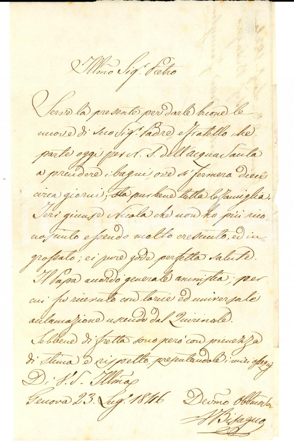 Documento originale, autentico 1846 GENOVA Pietro NEGROTTO CAMBIASO riceve notizie di famiglia Prefilatelica 1