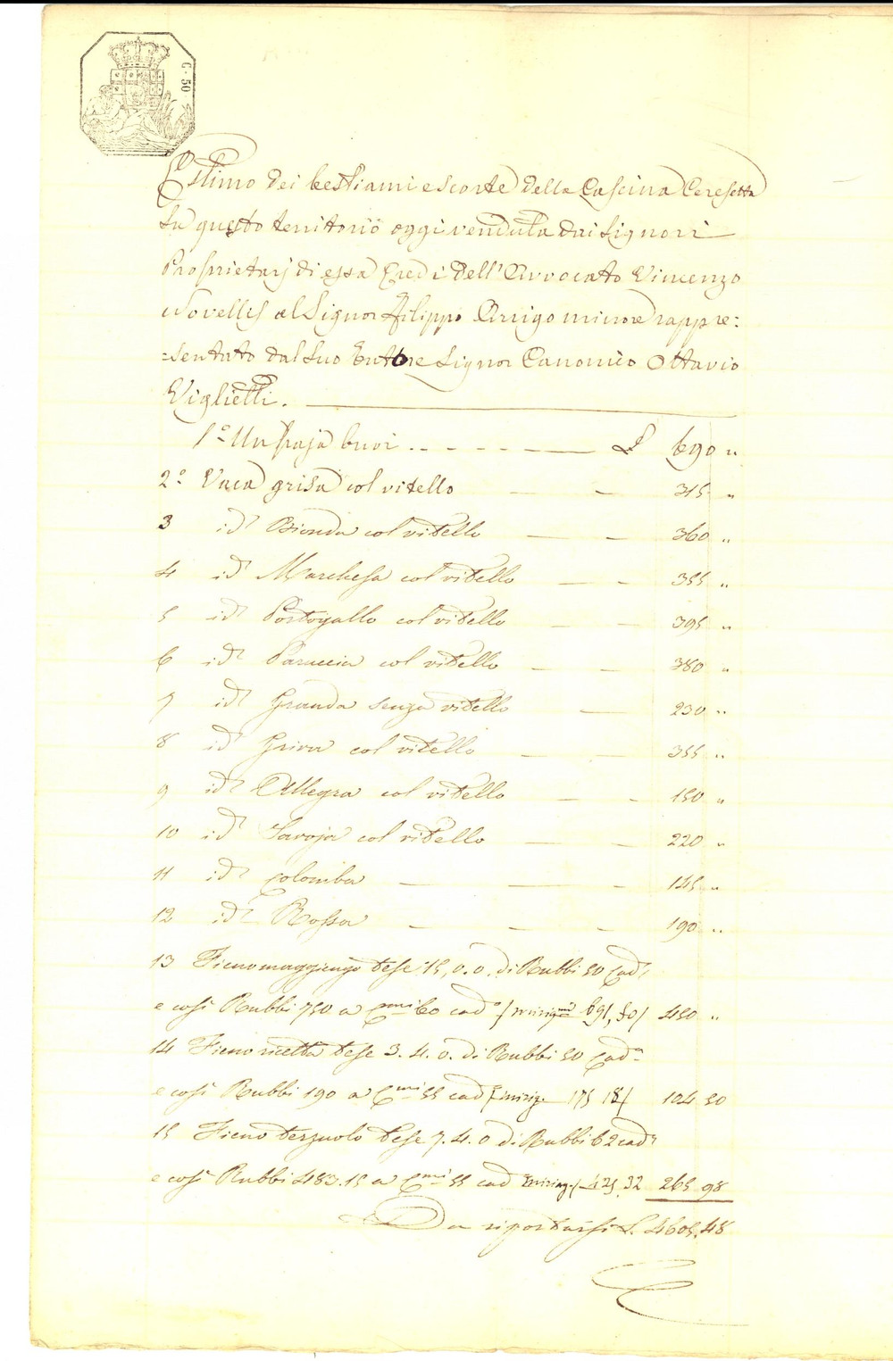 Documento originale, autentico 1857 SAVIGLIANO CN Bestiami cascina CERESETTA venduta eredi Vincenzo NOVELLIS 1