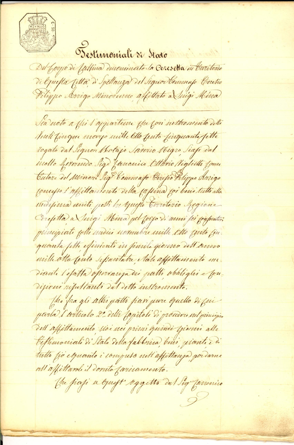 Documento originale, autentico 1858 SAVIGLIANO CN Testimoniali cascina CERESETTA del minorenne Filippo ARRIGO 1