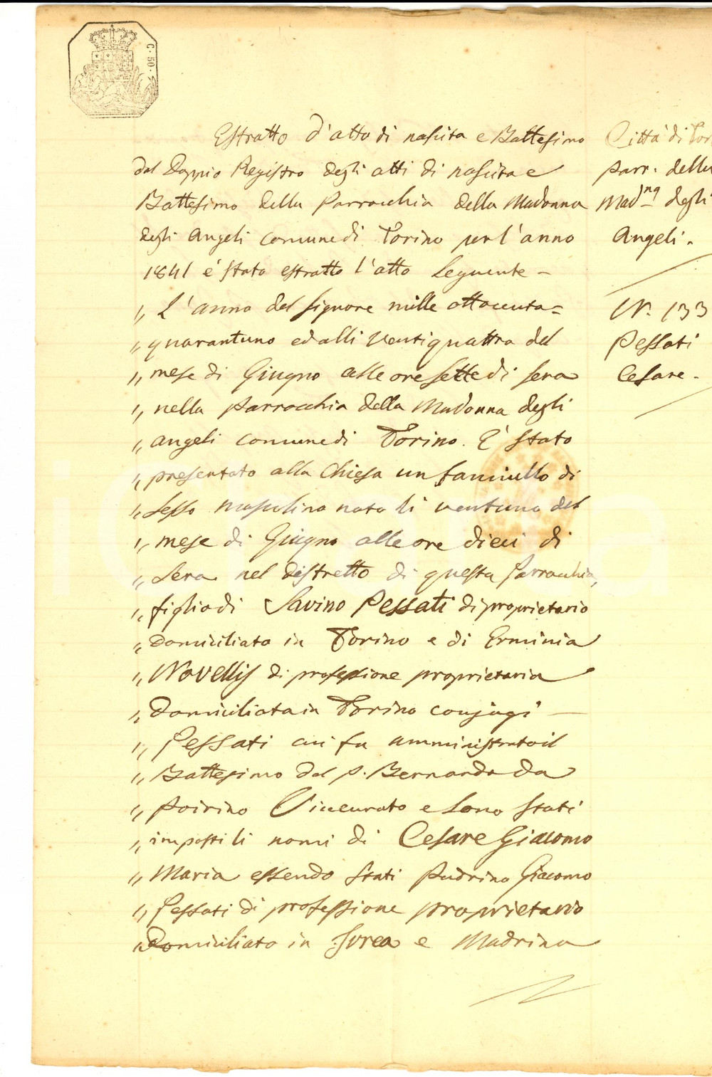 Documento originale, autentico 1864 TORINO Parrocchia MADONNA DEGLI ANGELI Fede battesimo Cesare PESSATI 1