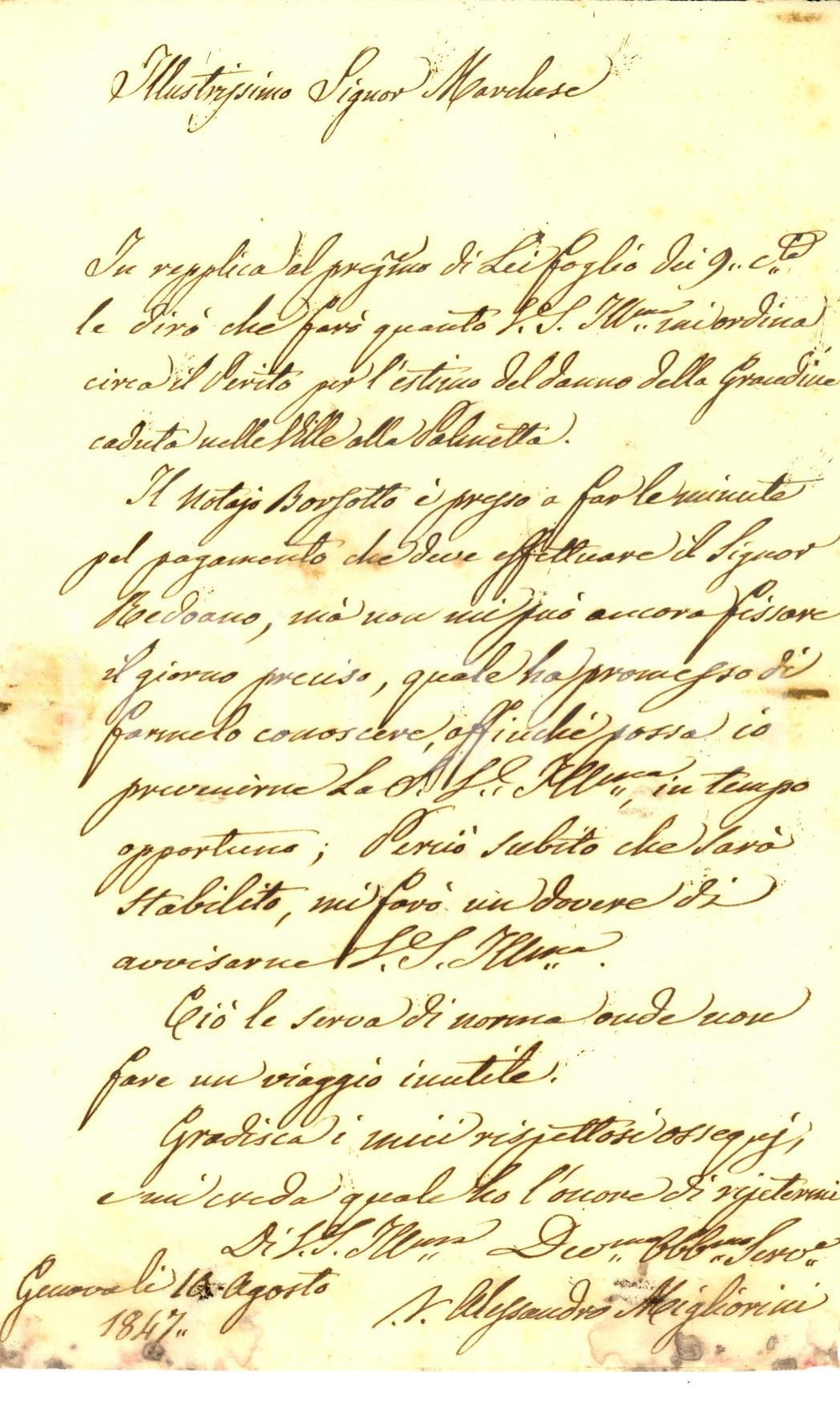 Documento originale, autentico 1847 GENOVA Pietro NEGROTTO CAMBIASO trova a  Villa PALMETTA danni da grandine 1