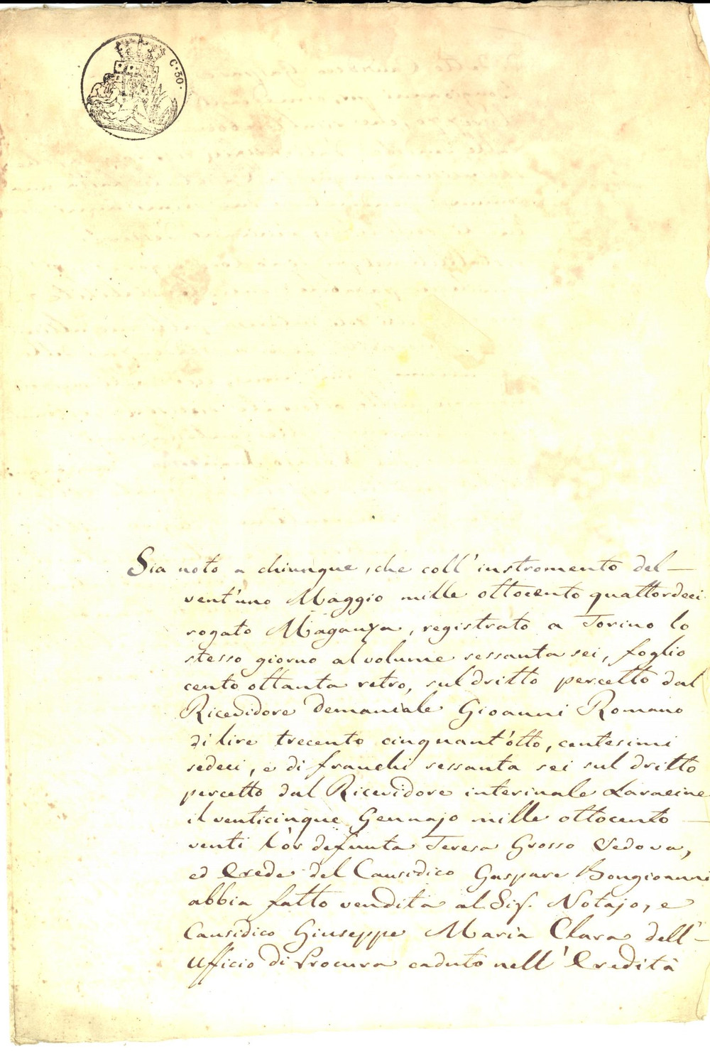 Documento originale, autentico 1820 ca TORINO Vendita a Giuseppe Maria CLARA dell ufficio di procura BONGIOANNI 1
