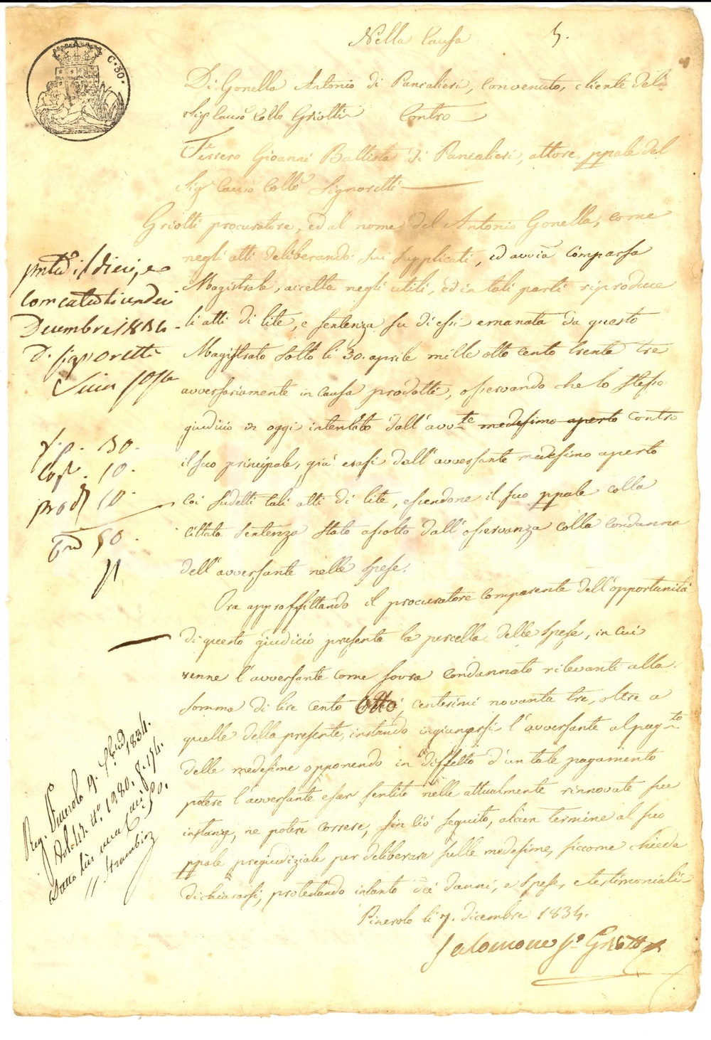 Documento originale, autentico 1834 PANCALIERI TO Lite tra Antonio GONELLA e Giovanni Battista FERRERO 1