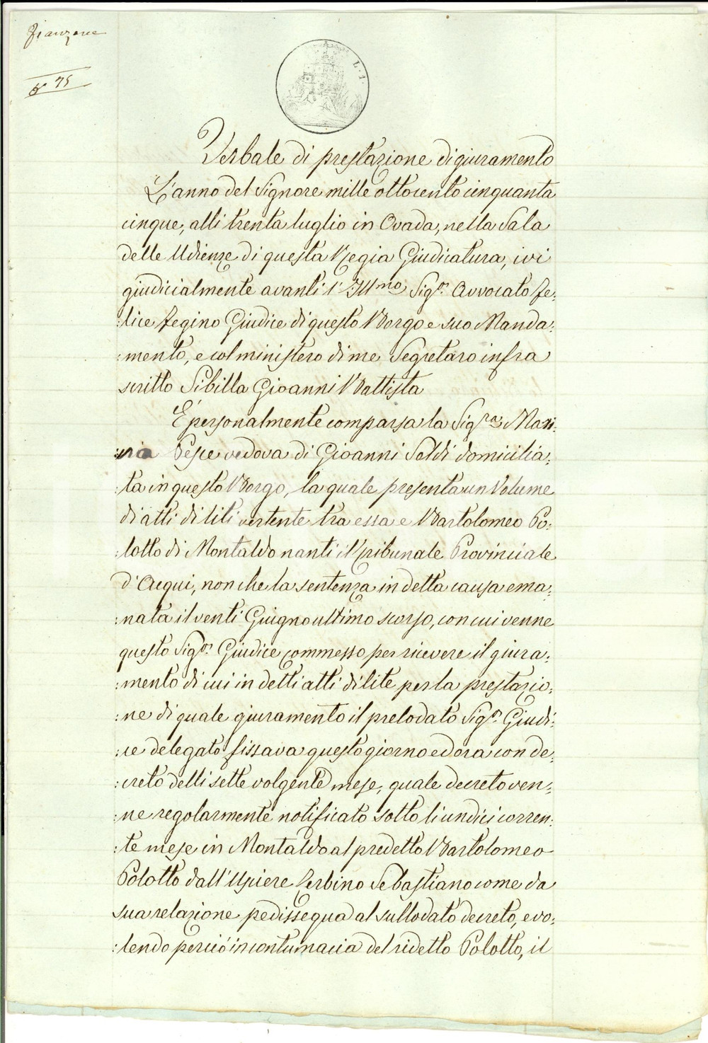 Documento originale, autentico 1855 OVADA AL Vedova Marina PESCE vs POLOTTI debitori dei figli minorenni 1
