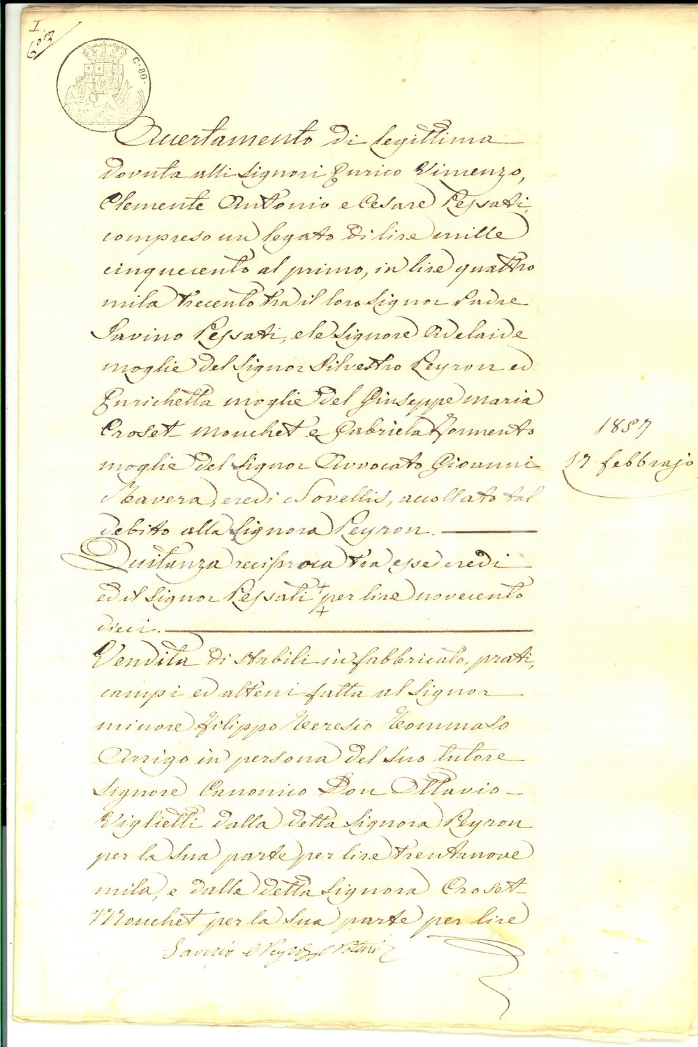 Documento originale, autentico 1857 SAVIGLIANO CN Adelaide PEYRON vende terre al minore Filippo ARRIGO 28 pp. 1